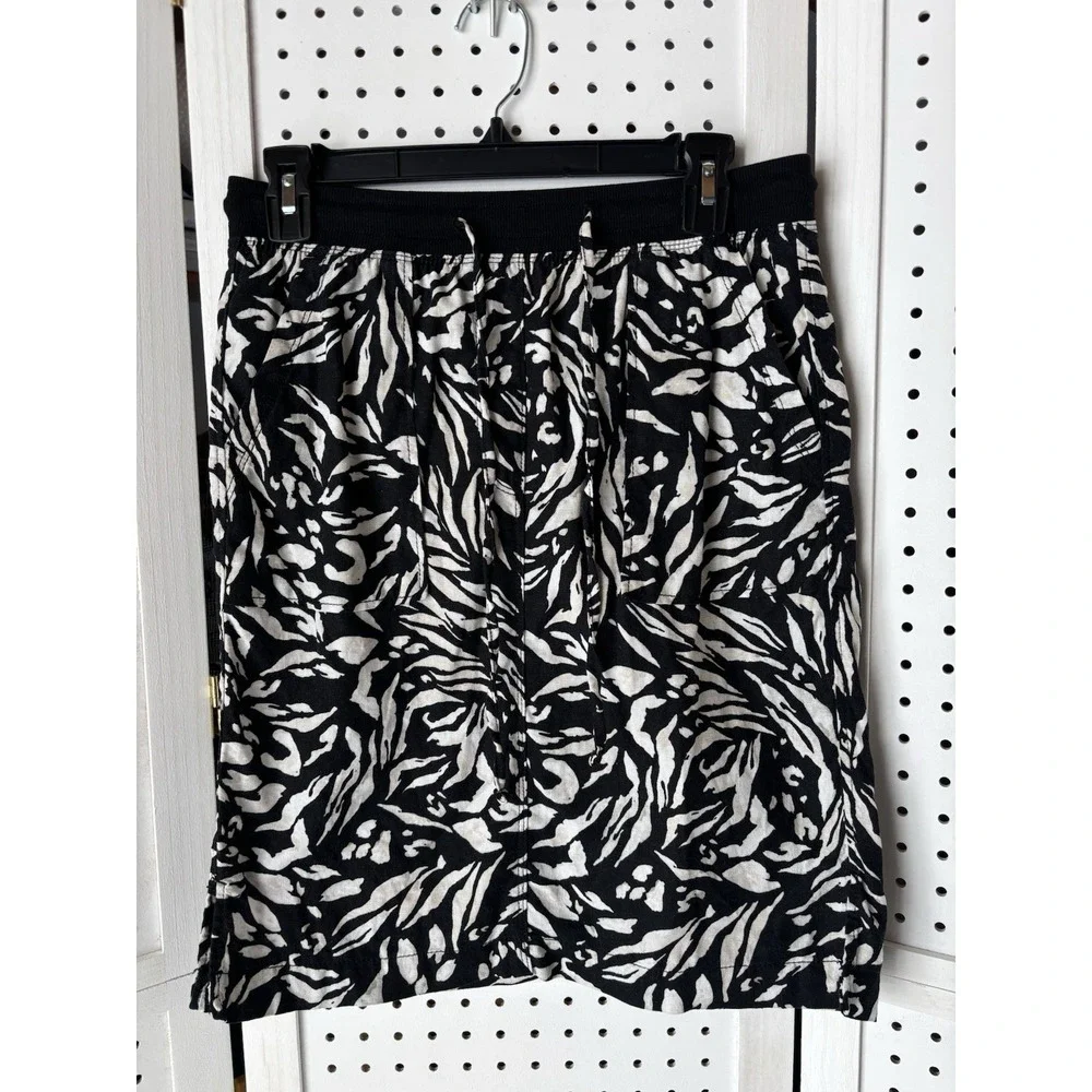 M&S Collection Women's‎ Size 4 Pull On Black Beige Print Knee Skirt Linen Blend